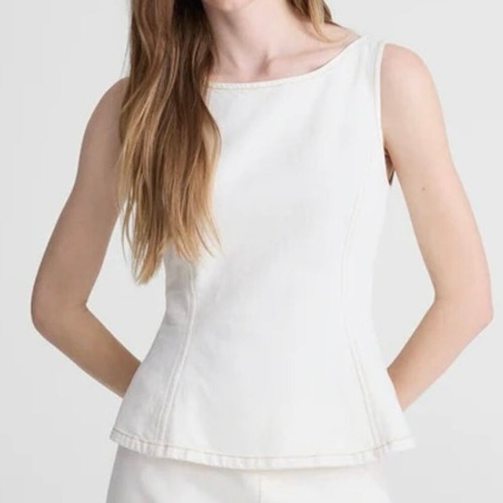 Madewell Women’s 0 Denim Seamed Boatneck Shell Top Peplum 100% Cotton Sleeveless
